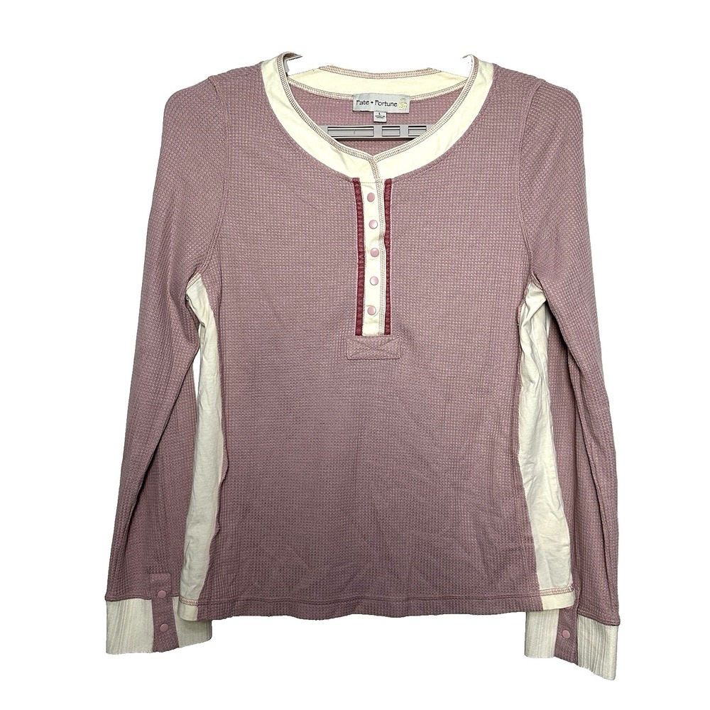 Fate + Fortune Waffle Knit Henley L Pink Ivory Boho Coquette Soft Girl Cottage